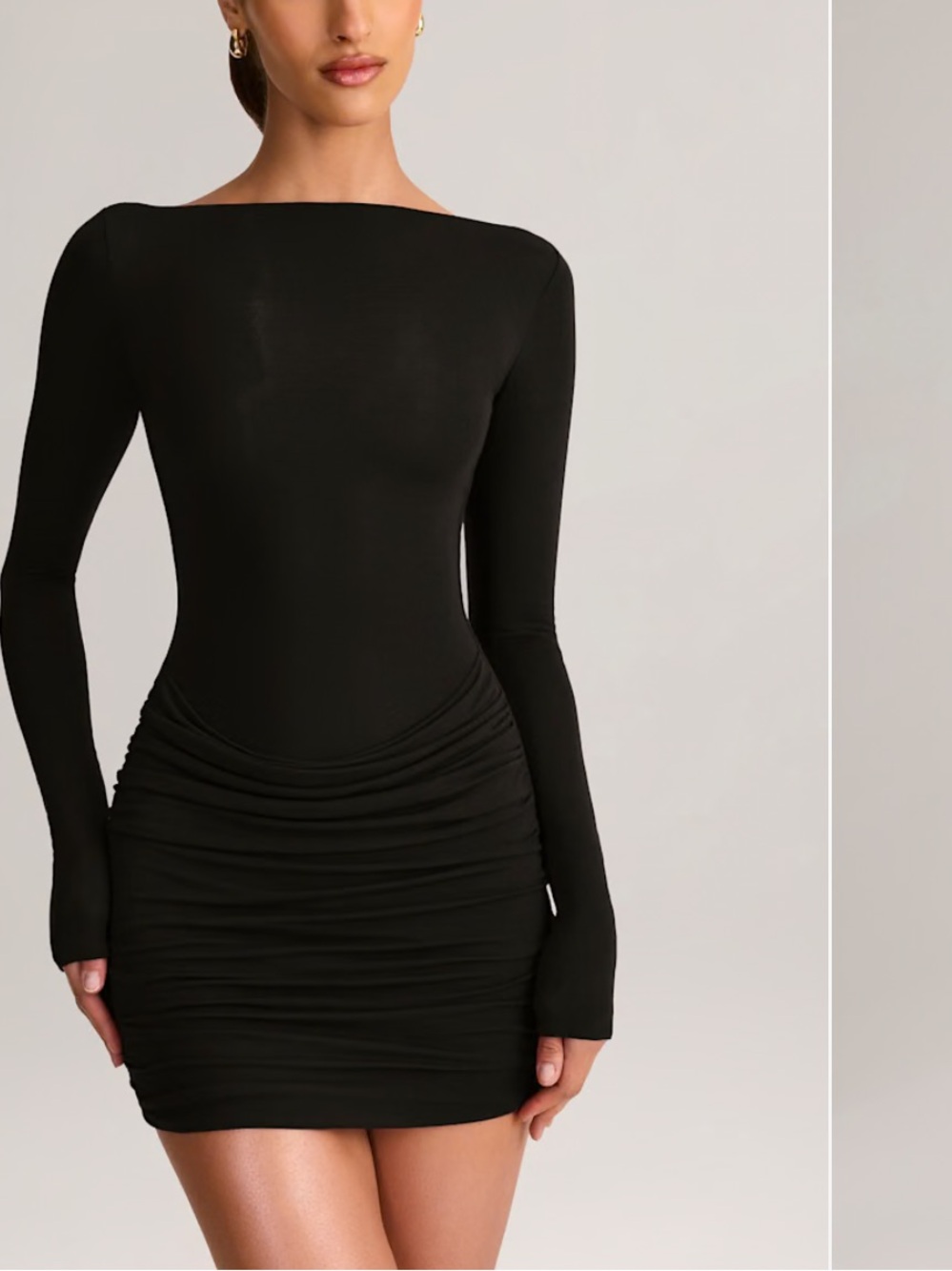 Black Boat-Neck Draped Long-Sleeve Mini Dress